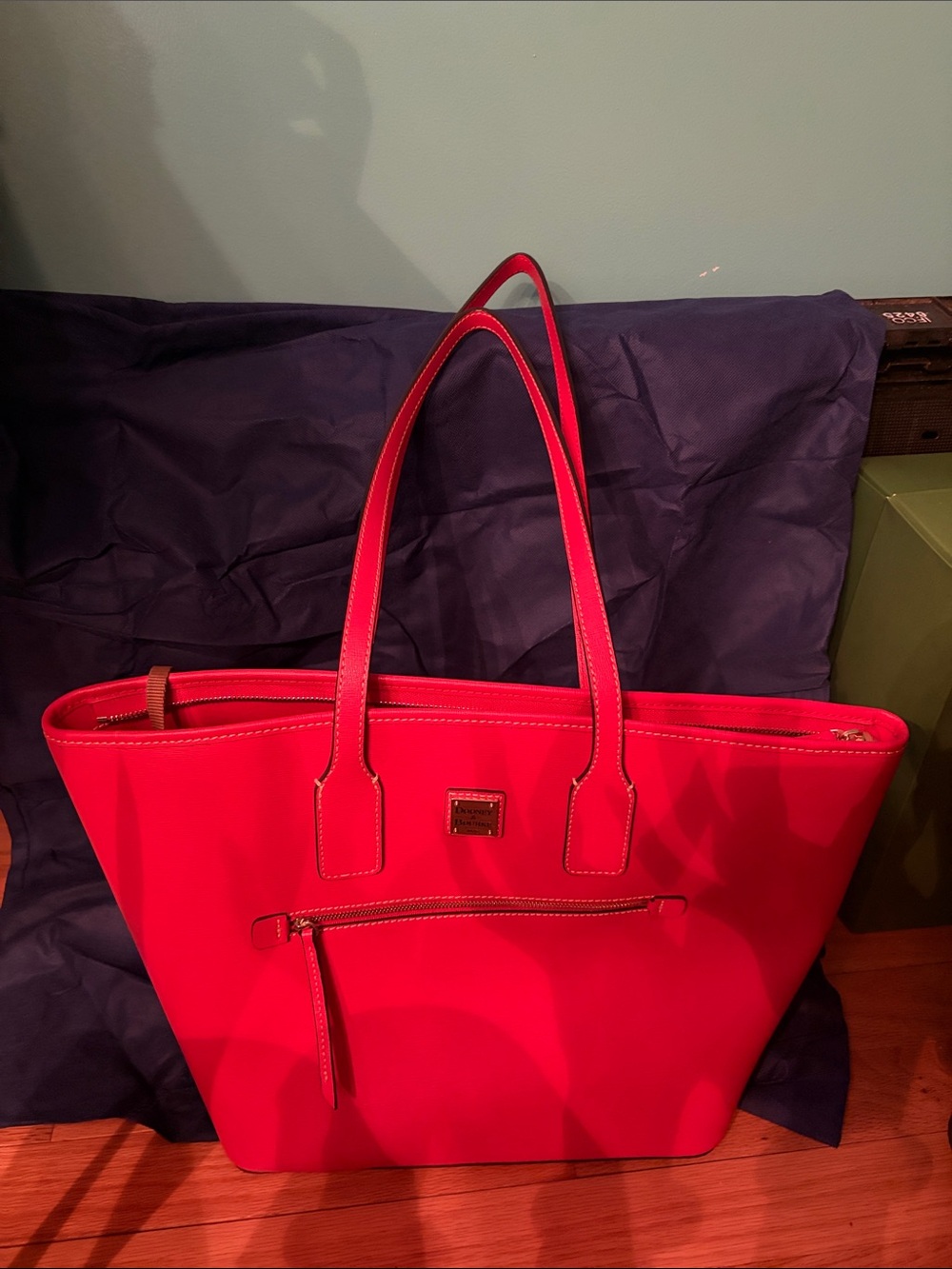 Dooney & Bourke Red Leather Tote with Front Zip Pocket